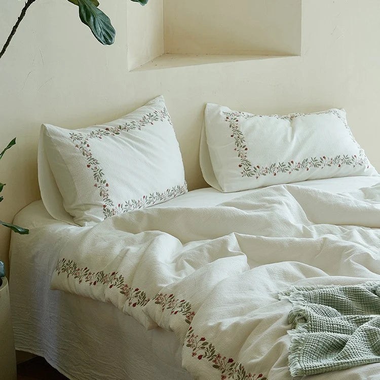 Bedding Set Lightweight Cotton Muslin Hand-Stitched Floral Border