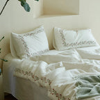 Bedding Set Lightweight Cotton Muslin Hand-Stitched Floral Border