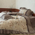 Bedding Set Linen-Cotton Blend Floral Print & Ruffle Trim