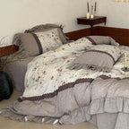 Bedding Set Linen-Cotton Blend Floral Print & Ruffle Trim