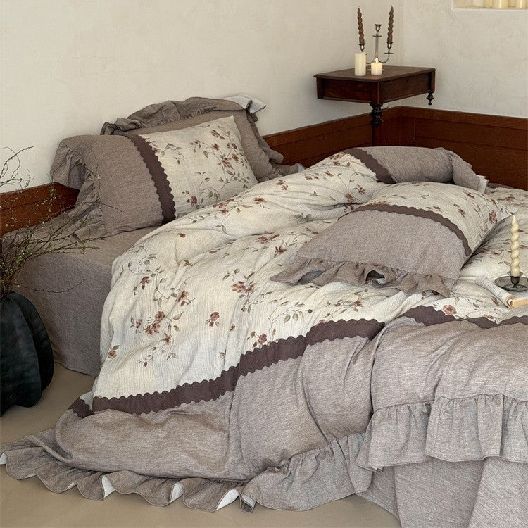 Bedding Set Linen-Cotton Blend Floral Print & Ruffle Trim