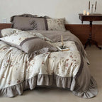 Bedding Set Linen-Cotton Blend Floral Print & Ruffle Trim