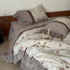 Bedding Set Linen-Cotton Blend Floral Print & Ruffle Trim