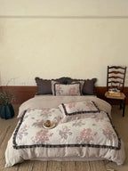 Bedding Set Linen-Cotton Blend Floral Print & Ruffle Trim