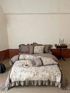 Bedding Set Linen-Cotton Blend Floral Print & Ruffle Trim