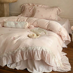 Bedding Set Linen-Cotton Blend Ruffled Floral Embroidery