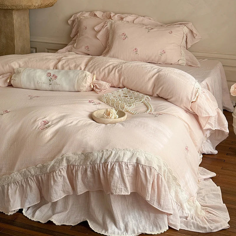 Bedding Set Linen-Cotton Blend Ruffled Floral Embroidery