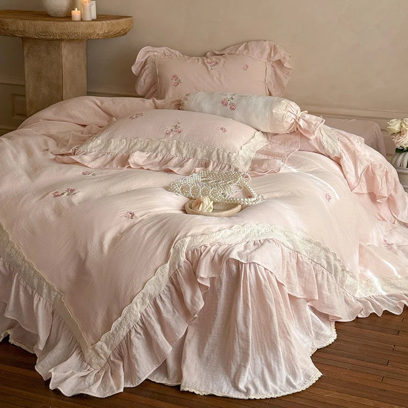Bedding Set Linen-Cotton Blend Ruffled Floral Embroidery