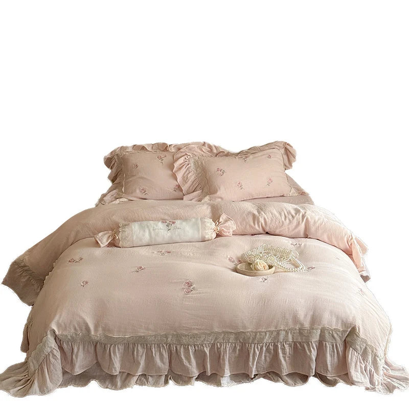 Bedding Set Linen-Cotton Blend Ruffled Floral Embroidery