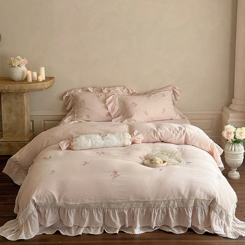 Bedding Set Linen-Cotton Blend Ruffled Floral Embroidery