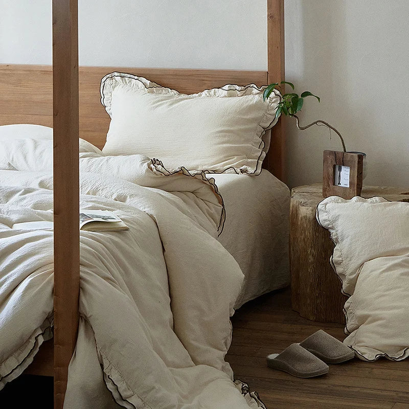Bedding Set Linen-Cotton Ruffled Edge Includes Throw Blanket