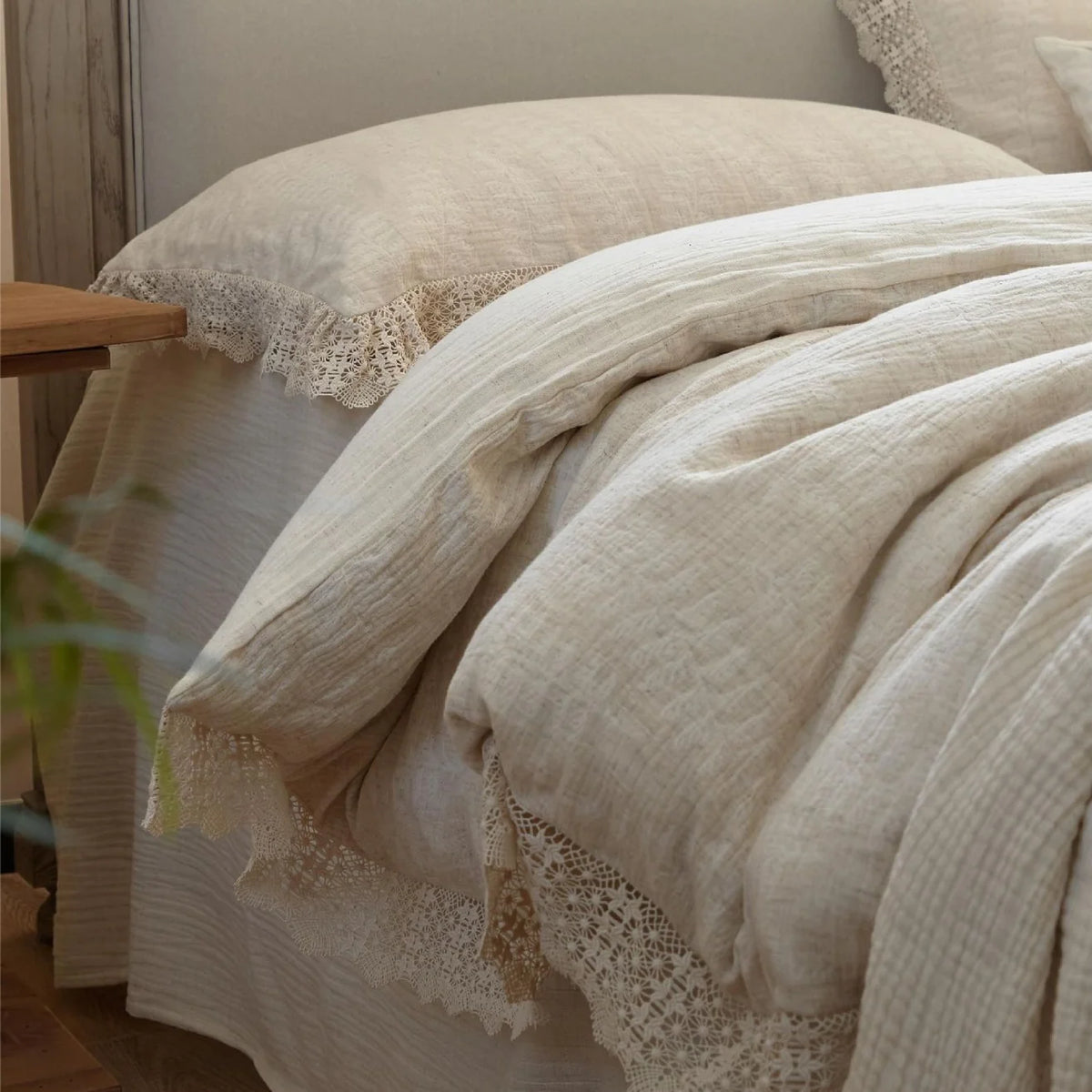 Bedding Set Linen-Cotton Soft-Washed Crochet Edge
