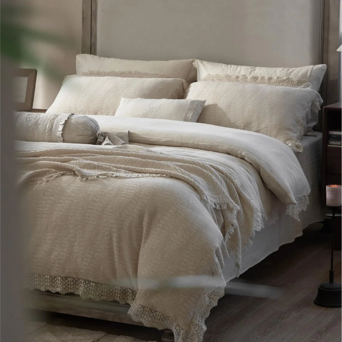 Bedding Set Linen-Cotton Soft-Washed Crochet Edge