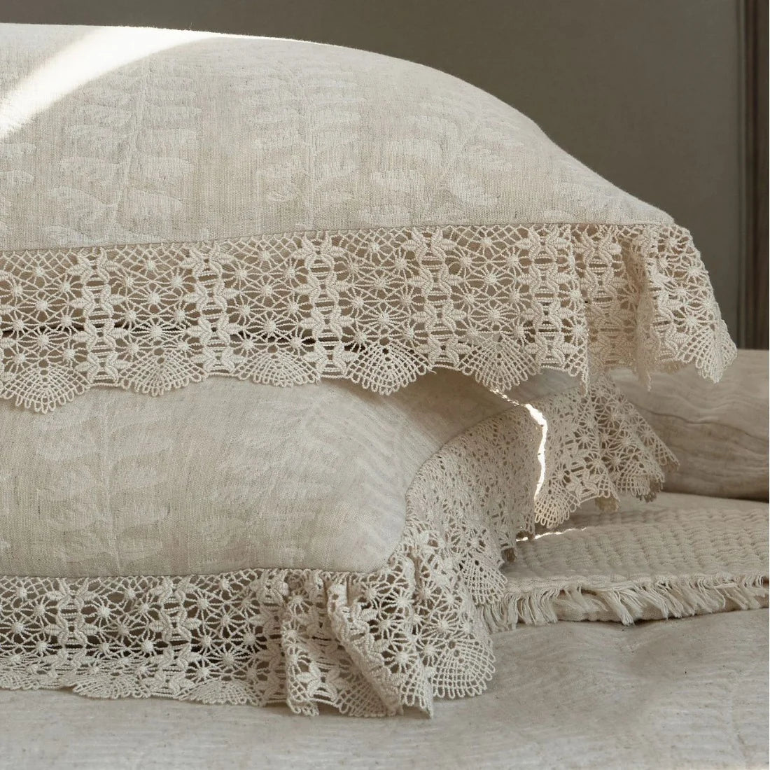 Bedding Set Linen-Cotton Soft-Washed Crochet Edge