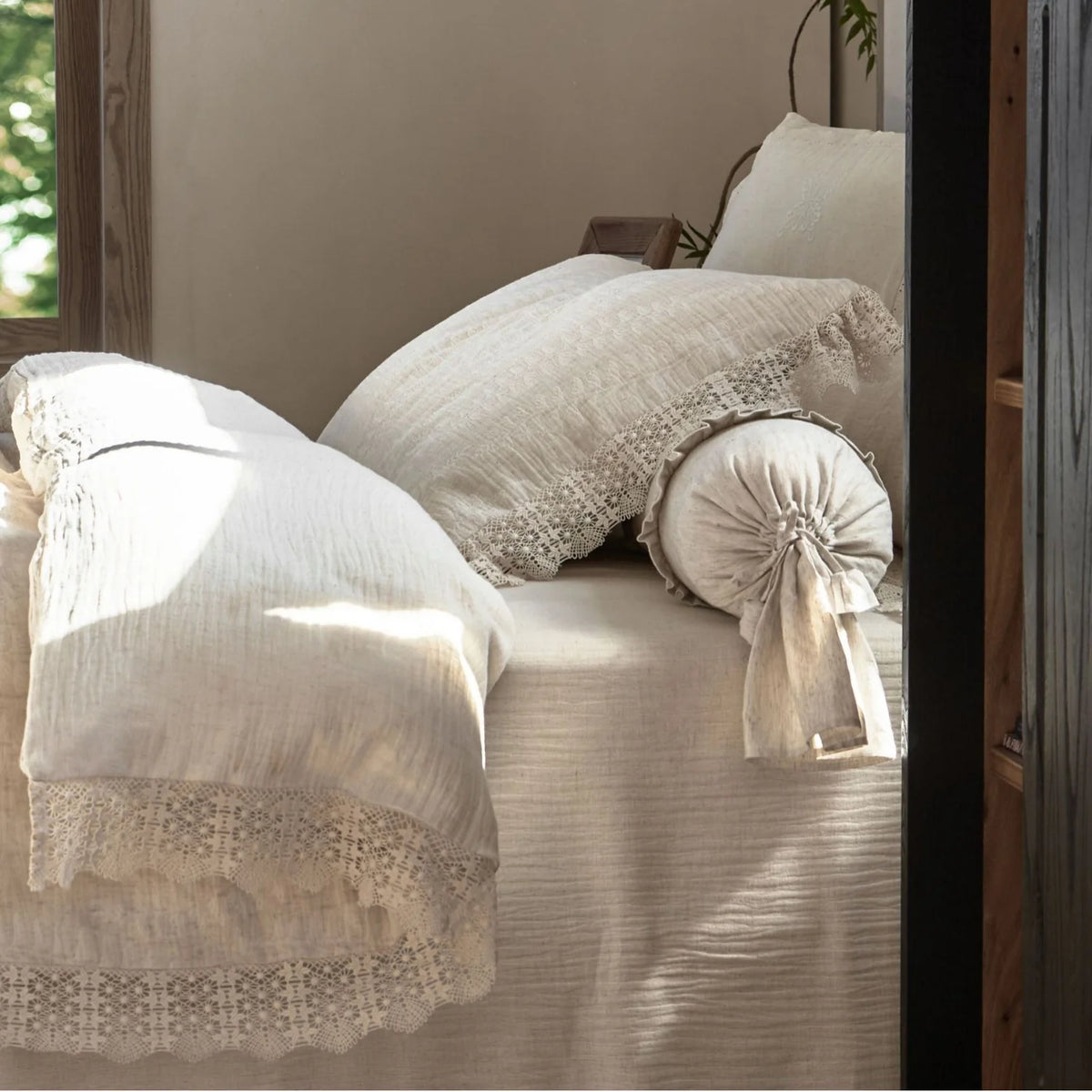 Bedding Set Linen-Cotton Soft-Washed Crochet Edge