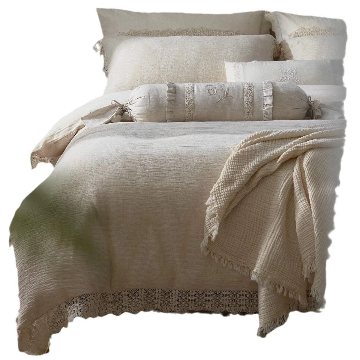 Bedding Set Linen-Cotton Soft-Washed Crochet Edge