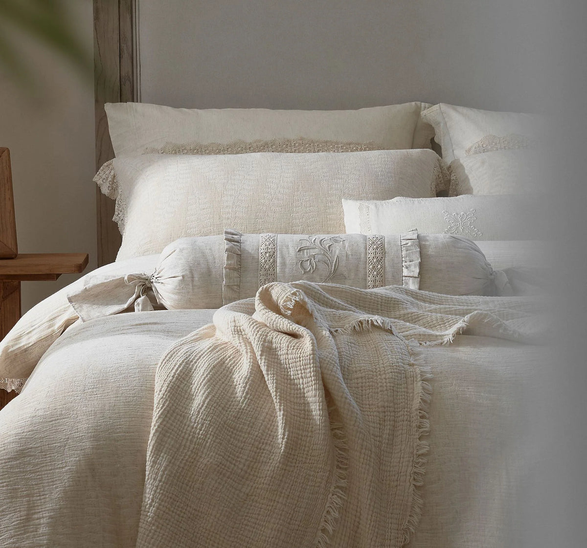 Bedding Set Linen-Cotton Soft-Washed Crochet Edge