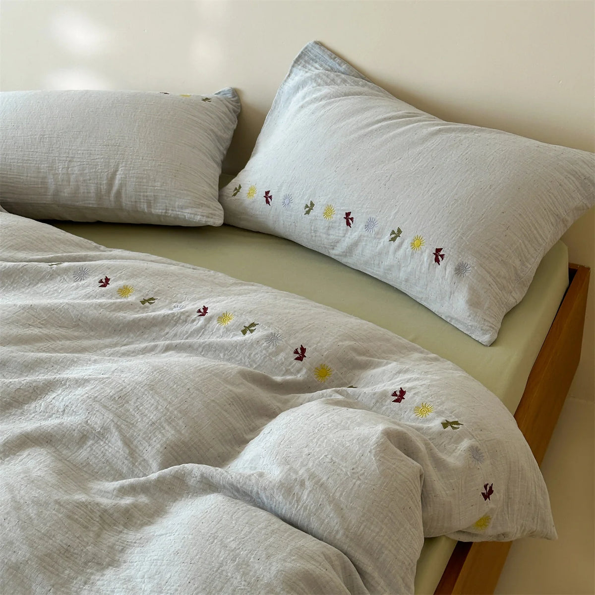 Bedding Set Linen-Look Cotton Blend Breathable Embroidered