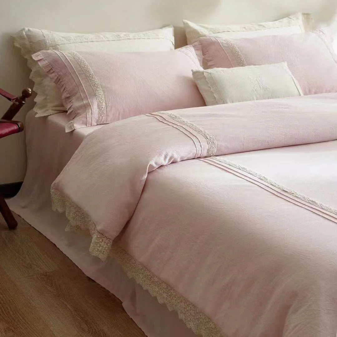 Bedding Set Linen-Look Crochet Lace Trim Breathable & Easy-Care