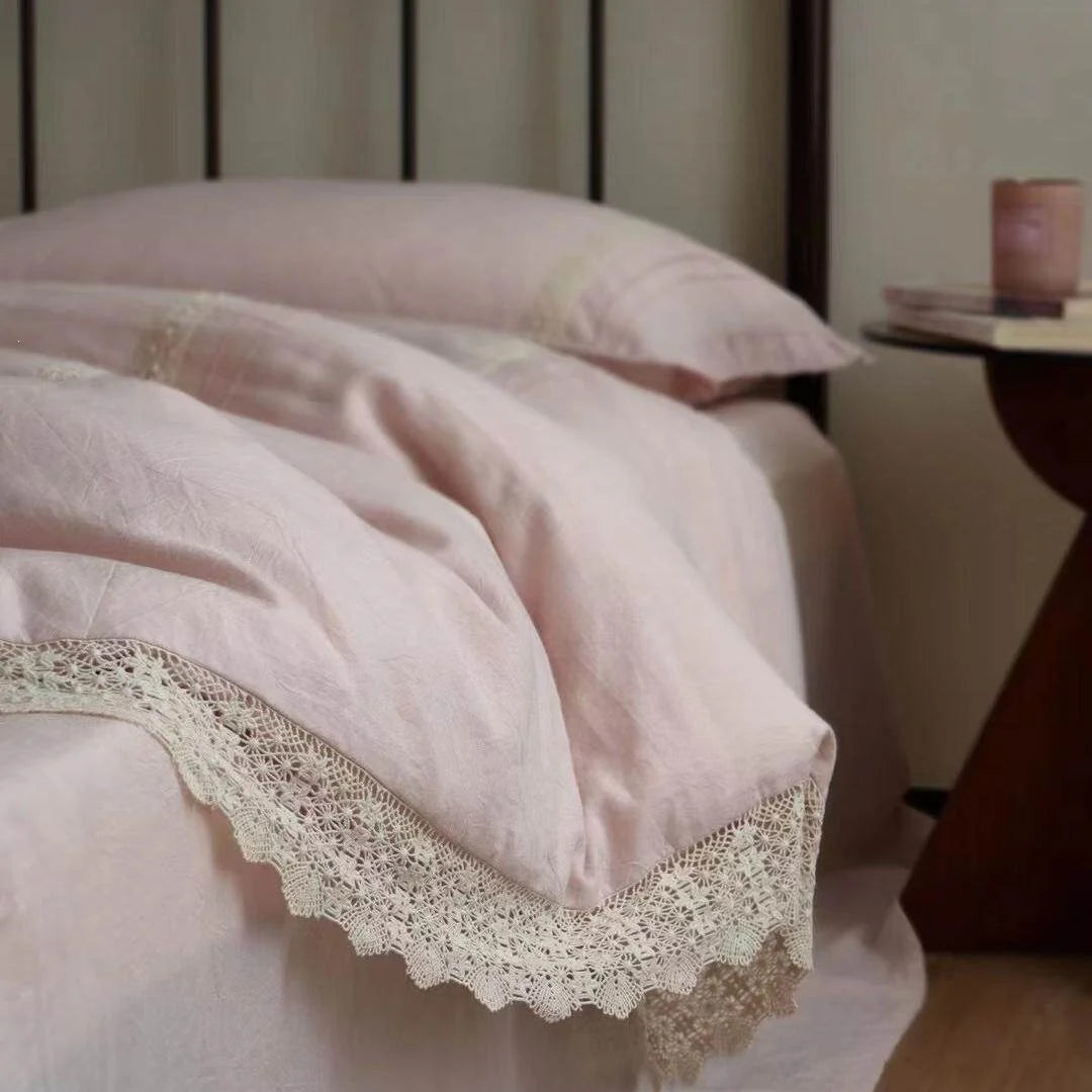 Bedding Set Linen-Look Crochet Lace Trim Breathable & Easy-Care