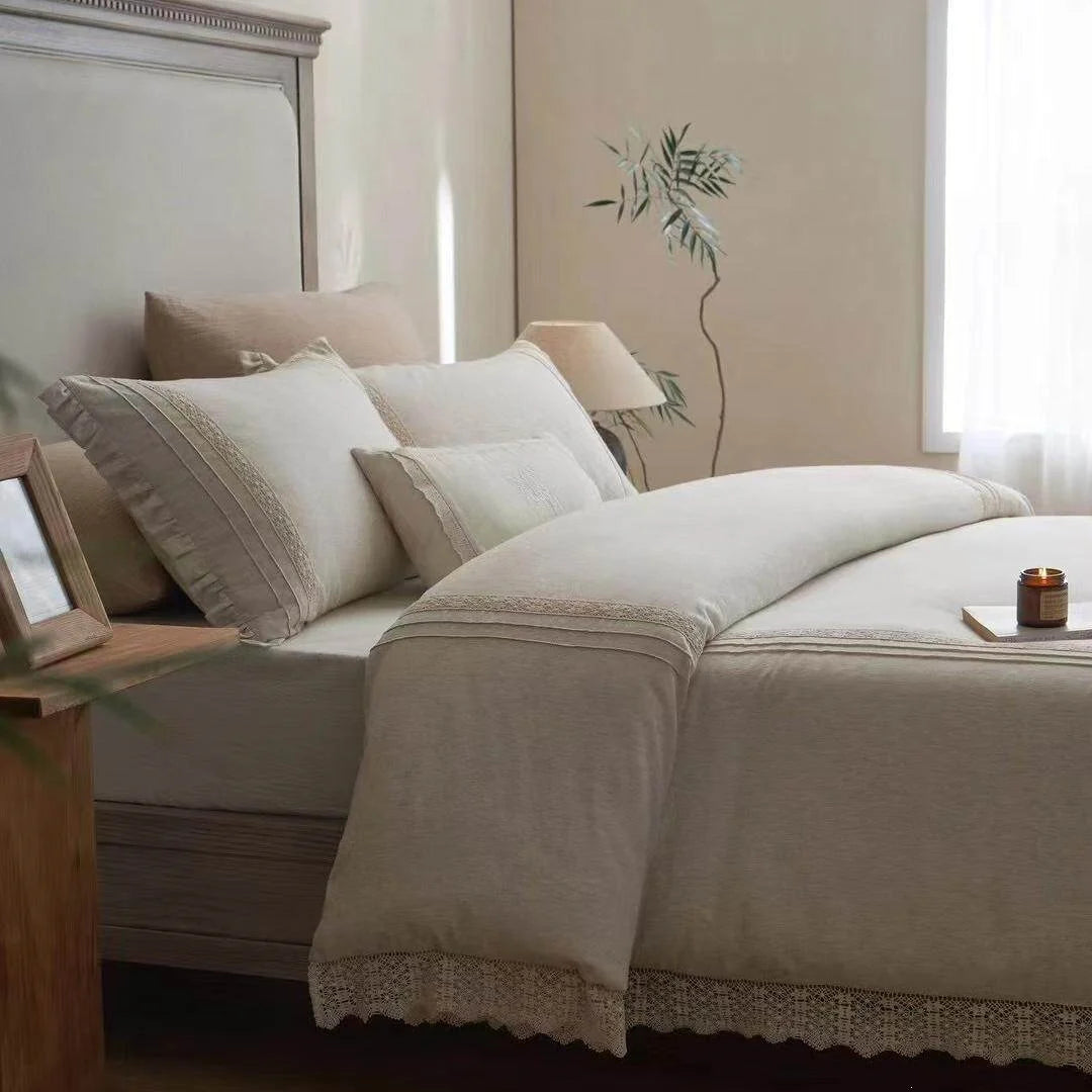 Bedding Set Linen-Look Crochet Lace Trim Breathable & Easy-Care