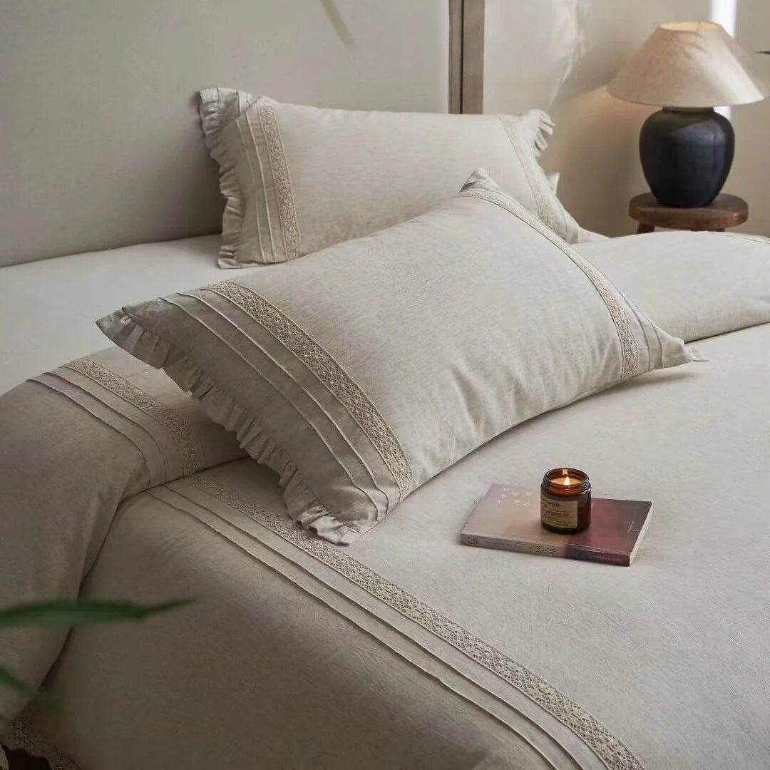 Bedding Set Linen-Look Crochet Lace Trim Breathable & Easy-Care