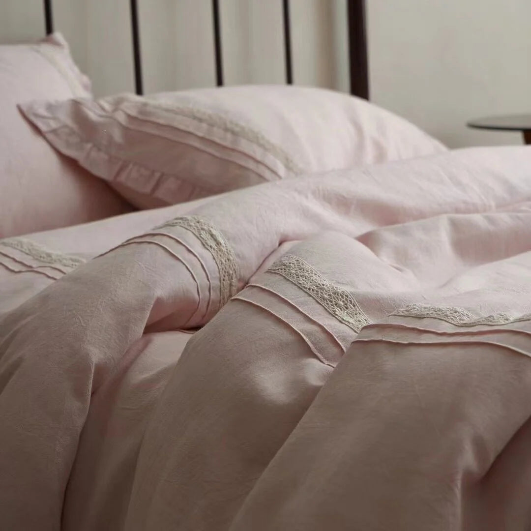 Bedding Set Linen-Look Crochet Lace Trim Breathable & Easy-Care