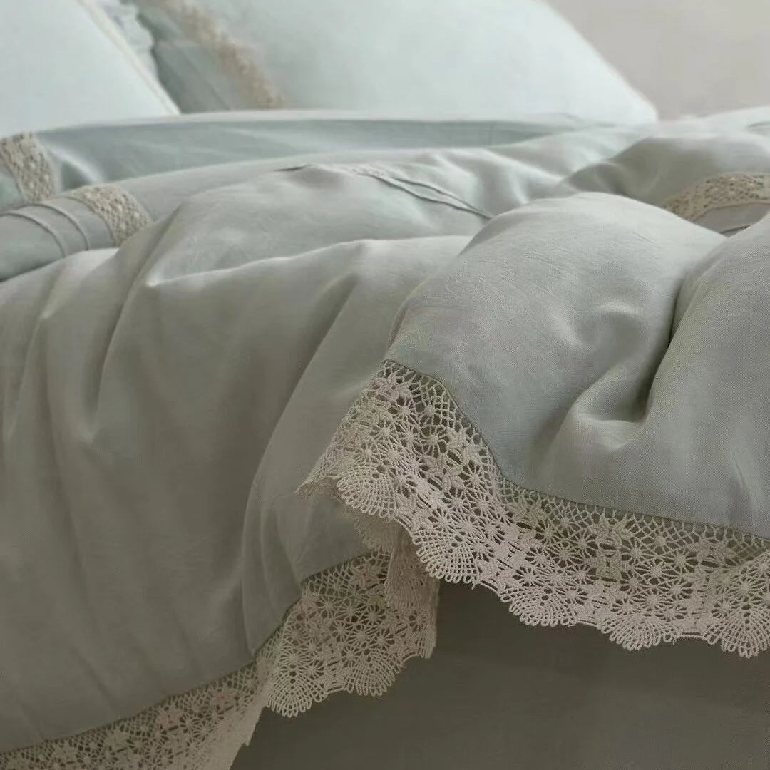 Bedding Set Linen-Look Crochet Lace Trim Breathable & Easy-Care