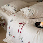 Bedding Set Linen-Look Floral Embroidery Bow Closures
