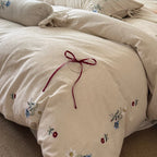 Bedding Set Linen-Look Floral Embroidery Bow Closures