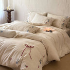 Bedding Set Linen-Look Floral Embroidery Bow Closures