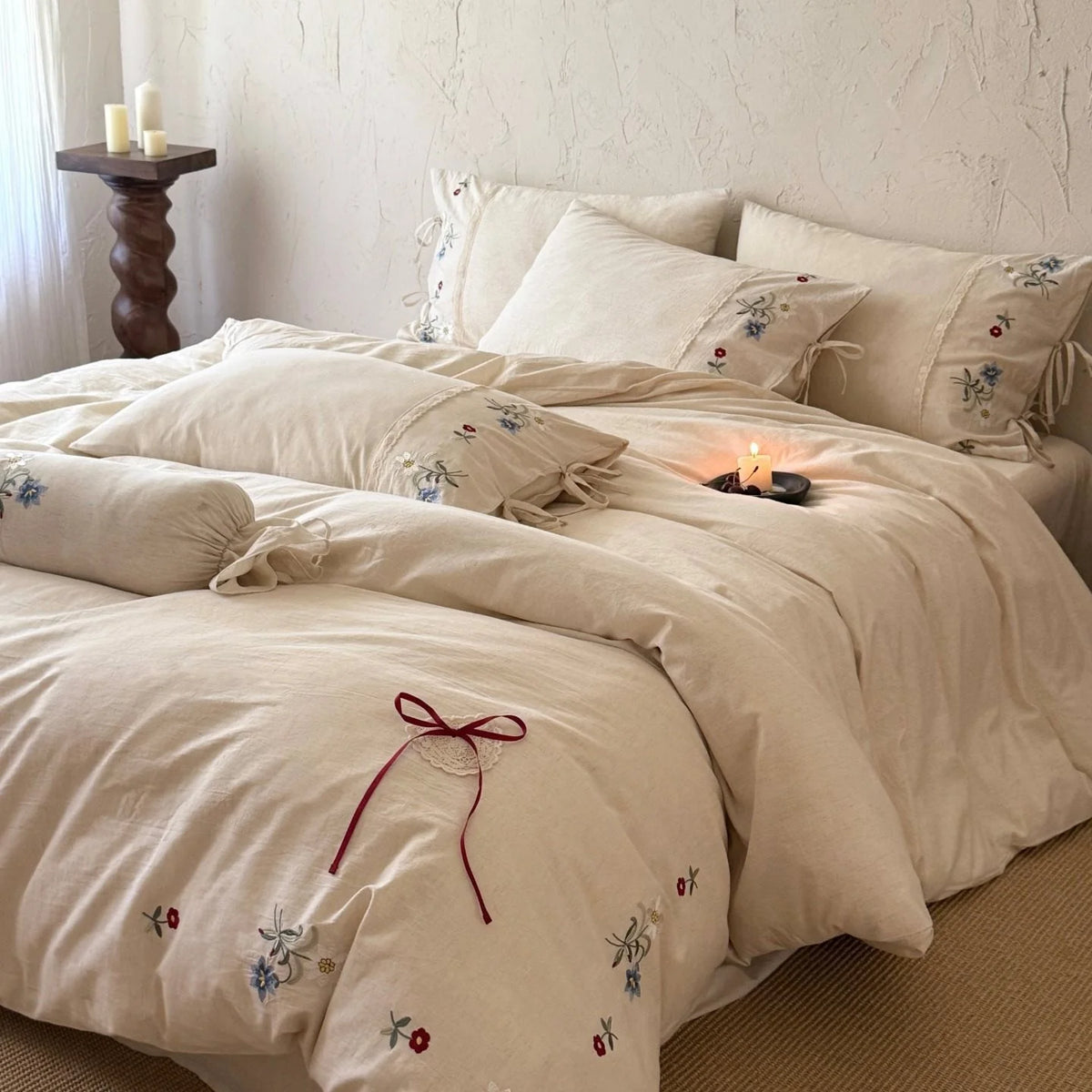 Bedding Set Linen-Look Floral Embroidery Bow Closures