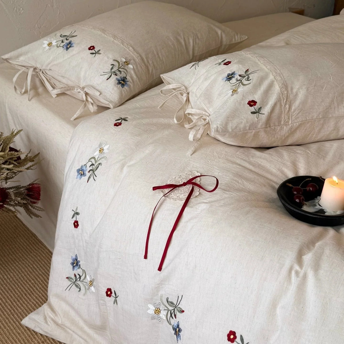 Bedding Set Linen-Look Floral Embroidery Bow Closures