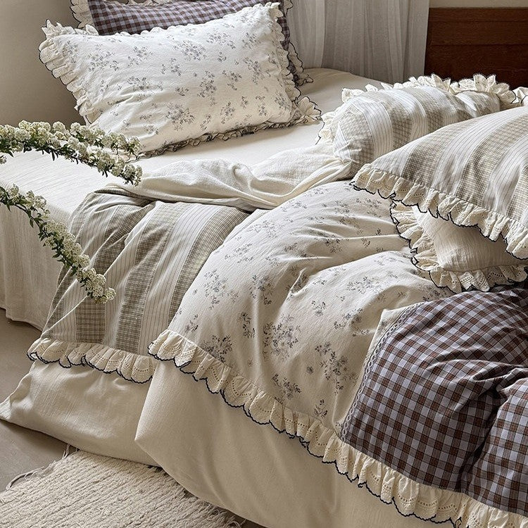 Bedding Set Patchwork Cotton Blend Ruffle & Lace