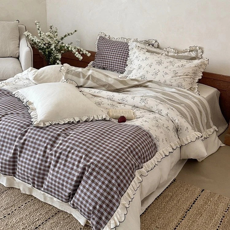 Bedding Set Patchwork Cotton Blend Ruffle & Lace