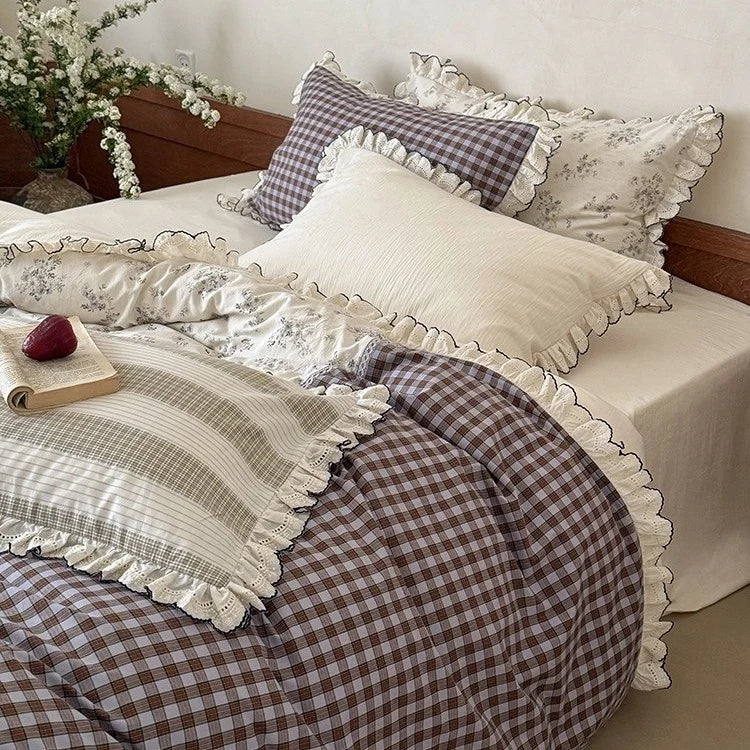 Bedding Set Patchwork Cotton Blend Ruffle & Lace