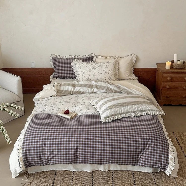 Bedding Set Patchwork Cotton Blend Ruffle & Lace