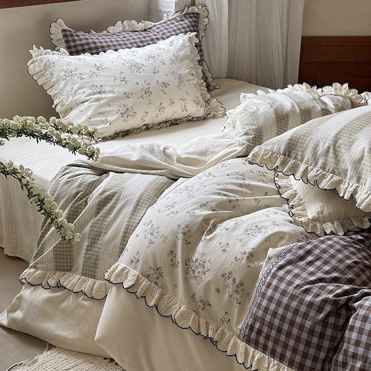 Bedding Set Patchwork Cotton Blend Ruffle & Lace