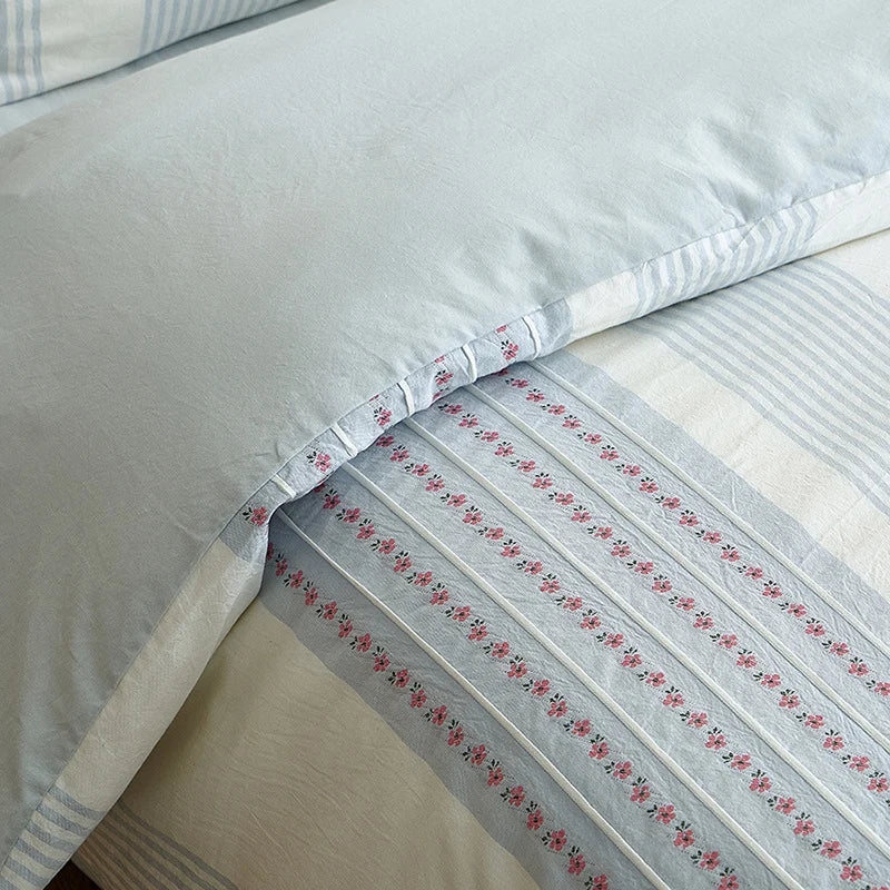 Bedding Set Percale Cotton Embroidered Floral Stripe