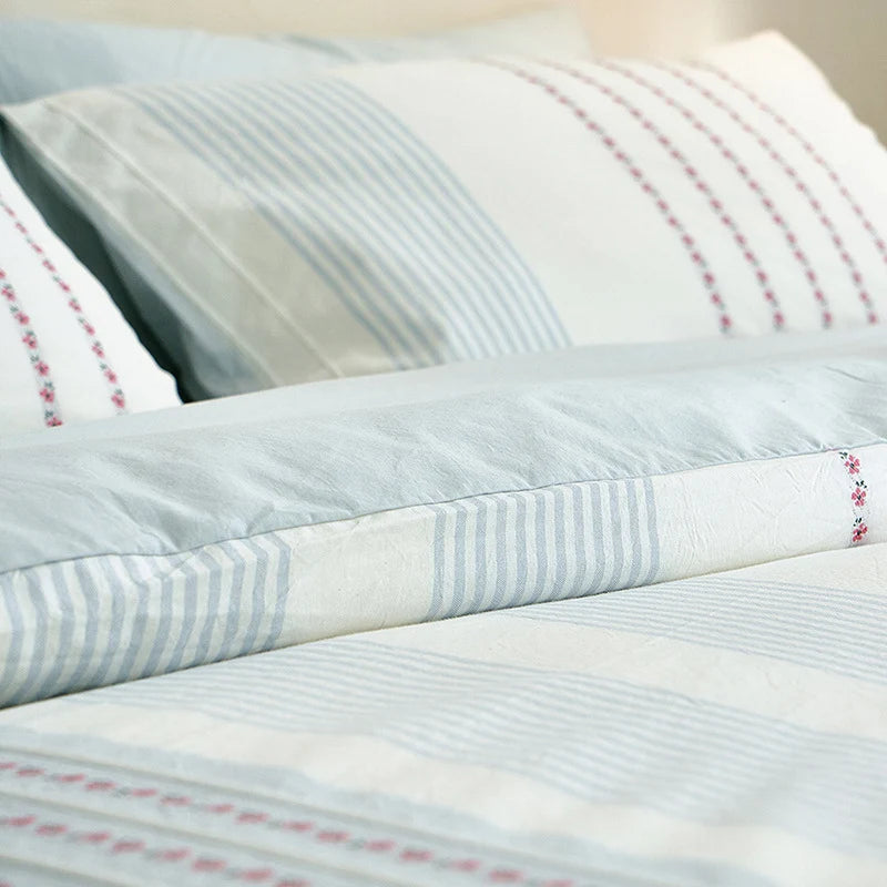 Bedding Set Percale Cotton Embroidered Floral Stripe