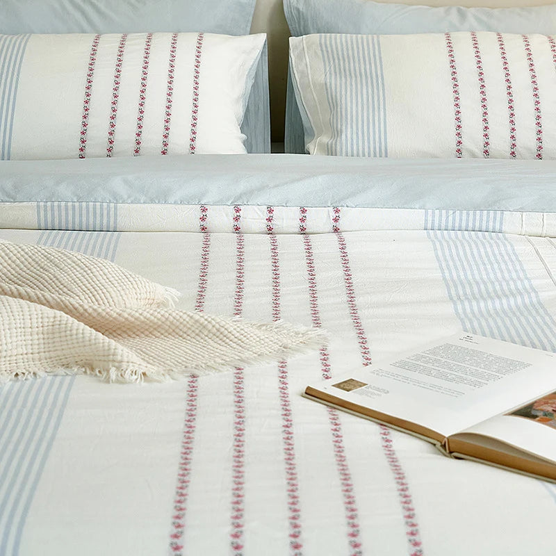 Bedding Set Percale Cotton Embroidered Floral Stripe