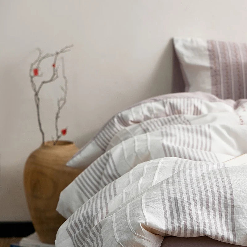 Bedding Set Percale Cotton Embroidered Floral Stripe