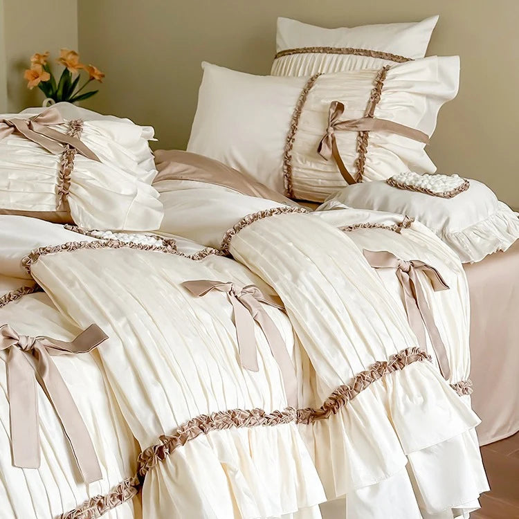 Bedding Set Pleated Ruffles & Bow Accents