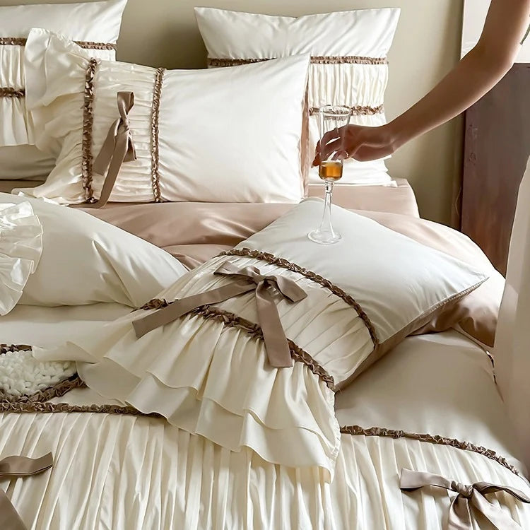 Bedding Set Pleated Ruffles & Bow Accents
