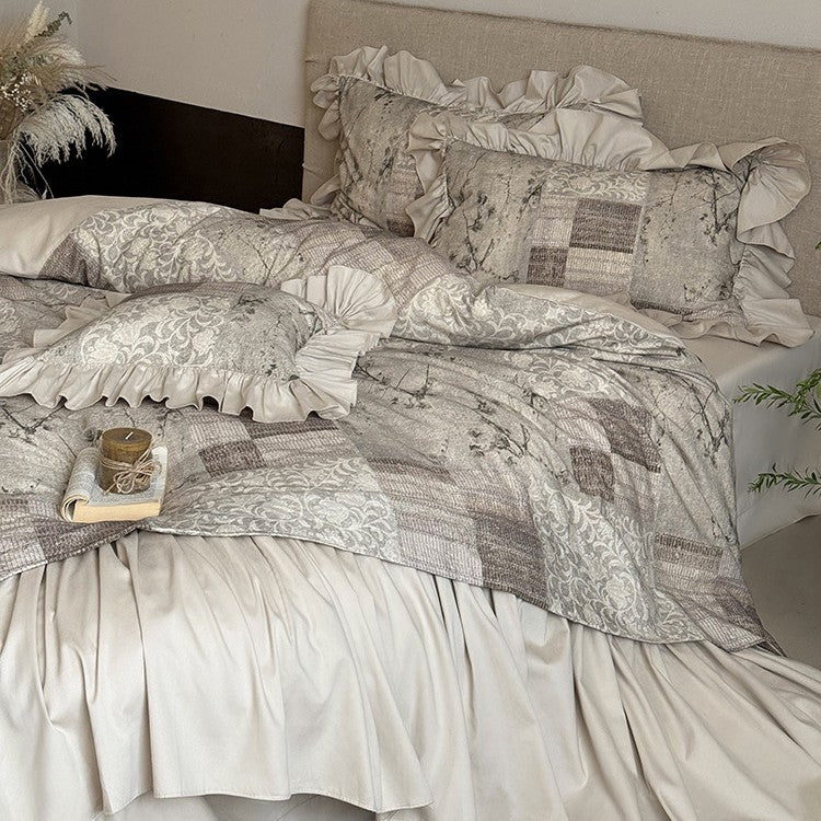Bedding Set Quilted Patchwork & Gathered Bedskirt Machine Washable
