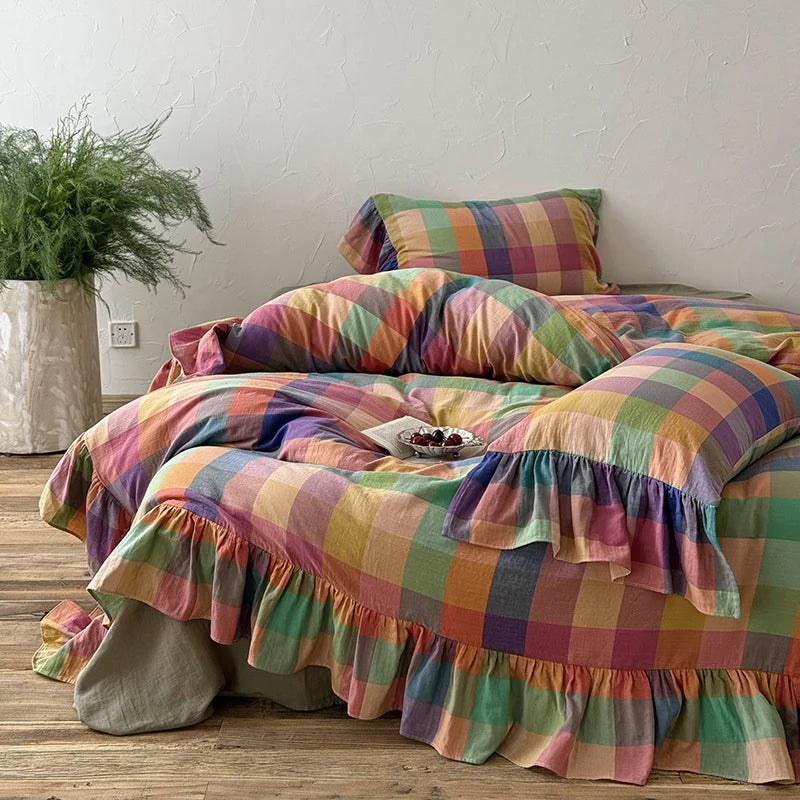 Bedding Set Reversible Cotton Gauze Vichy Check & Ruffle