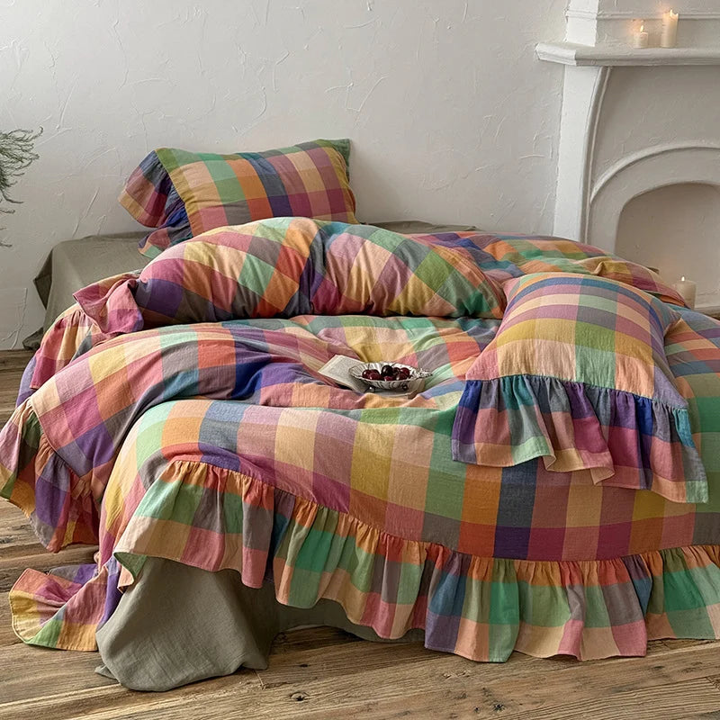Bedding Set Reversible Cotton Gauze Vichy Check & Ruffle