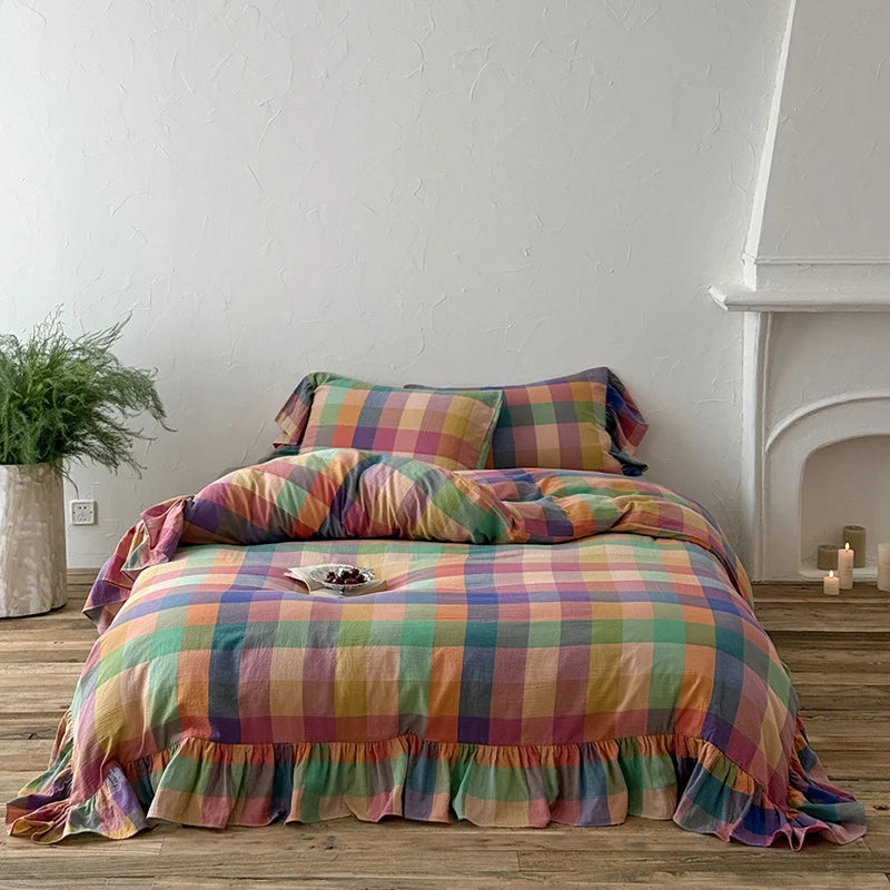 Bedding Set Reversible Cotton Gauze Vichy Check & Ruffle