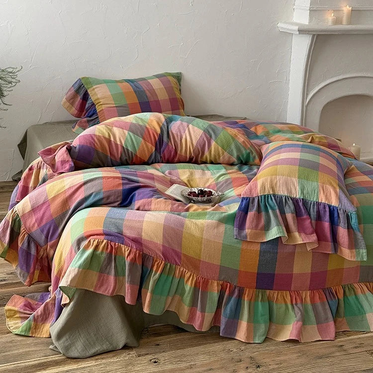 Bedding Set Reversible Cotton Gauze Vichy Check & Ruffle