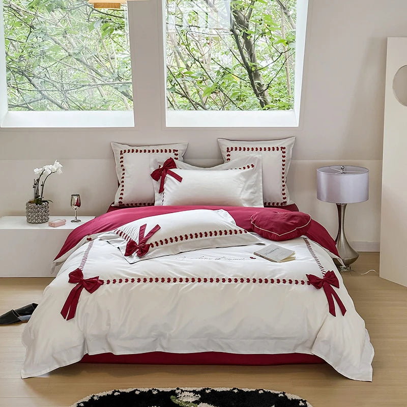 Bedding Set Reversible Cotton Satin Bow Appliques & Embroidery